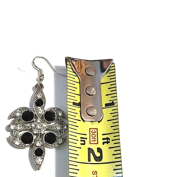 VINTAGE STERLING SILVER ONYX WHITE ZIRCON STONES DROP HOOK 2.1" EARRINGS - Picture 8 of 9